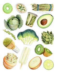 an illustration of different fruits and vegetables on a white background