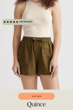 Relaxed and lightweight, these shorts are equally perfect for lounging around or stepping out to see friends. Made from soft, 100% organic linen, they’re a perfect addition for the warm weather.  | Quince | Women's Shorts in Martini Olive, Size Small, Linen Martini Olive, Martini Olives, European Linens, Re A, Organic Linens, Stepping Out, Linen Shorts, Quince, Warm Weather