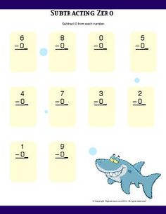 the subtracting zero worksheet is shown with an image of a shark