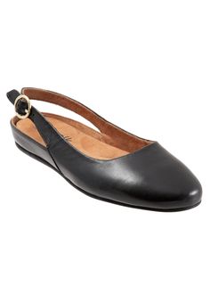 Versatile and summer ready, this stylish slingback ballerina is a perfect compliment to her warm weather wardrobe. A comfort focused, round toe flat with opened up styling gives streamlined appeal for dressing up or down.Leather UpperAntimicrobial treated sueded microfiber (Polyester) LiningMolded Rubber Sole OutsoleSlingbacks available in sizes M 6-11, 12 W 6-11, 12 | Women's Sandy Slingbacks by SoftWalk in Black (Size 6 1/2 M) Flat Dress Shoes, Flats Online, Wide Heels, Slingback Flats, Slingbacks, Summer Ready, Black Flats, Womens Flats, New Shoes