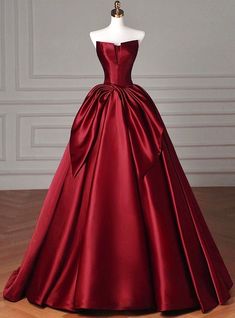 Burgundy Satin Strapless Bow Prom Dress Red Ball Gowns Prom, Puffy Red Prom Dress, Red Ballgown Dress, Red Satin Wedding Dress, Red Royal Dress, Red Gowns Elegant, Big Red Dress, Red Ball Gown Dress, Dark Red Ball Gown