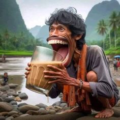 a man with his mouth open holding a glass of chocolate milk while posing for the camera