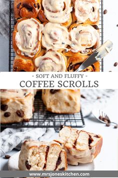 coffee and fluffy rolls on a cooling rack with the title text above it