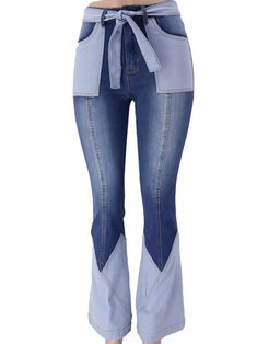 Material: Made of 81-90% Denim Cotton. soft and stretch comfortable to wear. Feature: Denim. patchwork. color block. belt. tie-up. zip-up. flare bottom. high waist. bodycon. Trendy Blue Belted Bottoms, High Waist Belted Denim Blue Jeans, Fitted Denim Blue Belted Bottoms, High Waist Belted Jeans In Denim Blue, High Waist Patchwork Flare Jeans, Belted Blue Denim Jeans, Blue Mid-rise Patchwork Flare Jeans, Mid-rise Blue Patchwork Flare Jeans, High Waist Blue Color Block Jeans