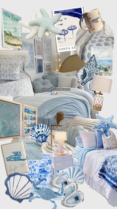 a collage of blue and white bedding with shells, seashells, starfish