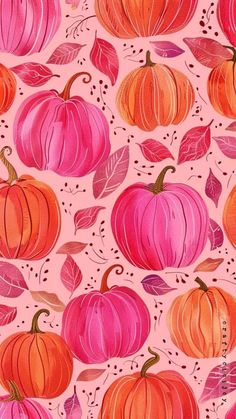 a painting of pumpkins and leaves on a pink background