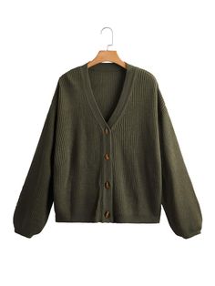 V-neck Drop Shoulder Cardigan | EMERY ROSE Plain Coats, Drop Shoulder Cardigan, Green Cardigan, V Neck Cardigan, Trendy Fashion Women, Style Outfits, Black Cardigan, Knitwear Women, Winter Women