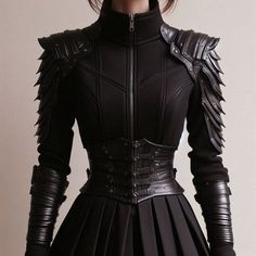 Daenerys Black Dress, Black Armour Female, Underworld Outfit Style, Armor Inspired Dress, All Black Fantasy Outfit, Paladin Armor Female, Armor Inspired Fashion, Dragon Rider Aesthetic Outfit, Fourth Wing Costume