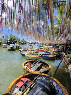 many small boats are tied to the shore by streamers hanging from palm tree branches