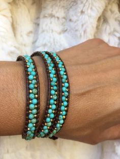 NEW-Chan-Luu-White-Turquoise-And-Gold-Nuggets-Mix-3-X-Wrap-Bracelet-on-Leather Jewerly Bracelets, Bracelets Ideas, Turquoise And Gold, White Turquoise