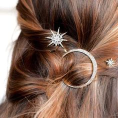 Vintage-inspired hair pins embellished with delicate clear crystals. (Set of 2 Stars & 1 Moon)  Available in: Gold or Silver Size: Approx. 4-6 Weight: 17g Moon Hair, Have Inspiration, Star Moon, Hair Routines, Hair Envy, Grunge Hair, Rehearsal Dinner, Brunettes, Hair Dos