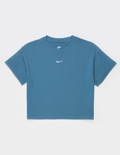 Nike Sportswear Essential Boxy Tee. Logo Embroidery On Chest. Boxy Fit. Crew Neck. Short Sleeve. 100% Cotton. Machine Wash. Imported. | Nike Sportswear Essential Girls Boxy Tee Jordan Clothes, Nike Shirts Women's, Nike Fits, Tops Bonitos, Preppy Hairstyles, Preppy Tops, Wwe T Shirts, Flannel Sweatshirt, Nike Top