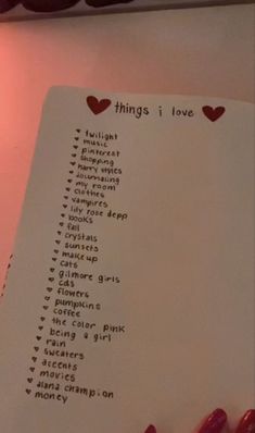 an open notebook with writing on it that says things i love