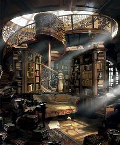 a room filled with lots of books next to a spiral stair case full of books