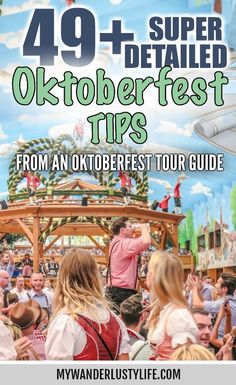 the front cover of an oktoberfest tour guide with people standing around it