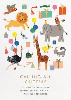 a birthday card with animals and presents in the background, including an elephant, giraffe, zebra, bird, lion, dog, monkey