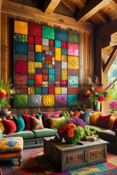 a colorful living room filled with lots of furniture and flowers in vases on the coffee table