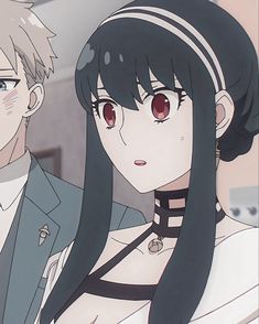 two anime characters one with long black hair and the other with red eyes, standing next to each other