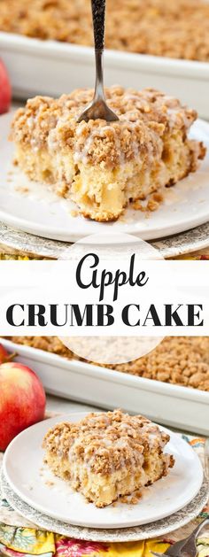 an apple crumb cake on a white plate with a fork in it and the words, apple crumb cake