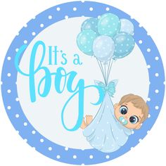 it's a boy baby shower sticker with blue polka dots and balloons in the shape of a ballon