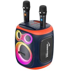 two microphones sitting on top of a blue and orange speaker