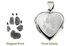 an image of a heart shaped locke with paw prints on it and the words original print final charm