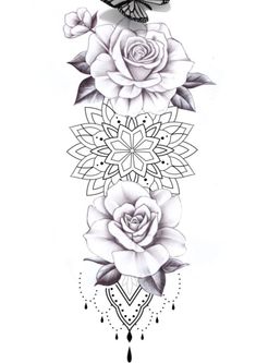 a tattoo design with roses and butterflies on the top half of each arm, in black and white