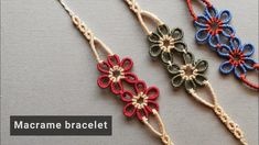 three crocheted bracelets with beads and flowers on the end, one is red, one is blue