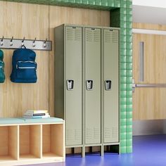 two lockers and a bench in a room