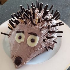 a chocolate hedgehog cake on a white plate