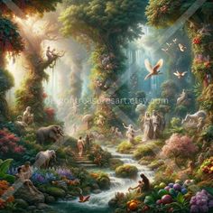 an image of a forest scene with animals and birds in the foreground, surrounded by flowers