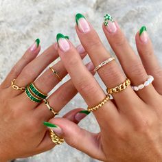 Green Trendy Nails Almond, Almond Acrylic Nails Designs Vacation, Cute Nails St Patricks Day, Green Flower Almond Nails, Emerald Green Minimalist Nails, Nails For Emerald Ring, Green Tip Manicure, Green Nails Acrylic Summer, Emerald Green Spring Nails