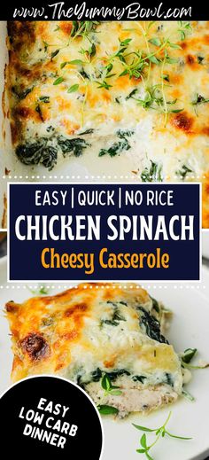 easy quick no rice chicken spinach casserole with cheese and herbs on top