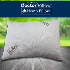 a pillow with the word, doctor pillow hempillow on it's side