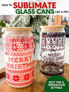 two jars with christmas sweaters on them and the text how to sublimate glass cans like a pro