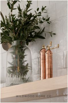 some plants are in a glass vase on a shelf next to two copper faucets