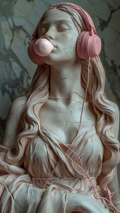 a statue with pink headphones on it's ears and ear phones in her mouth