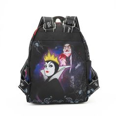 the evil queen backpack is shown with an evil face and crown on it's back