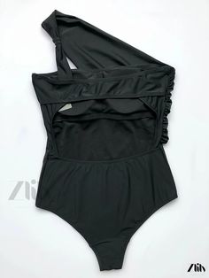 Zlily - Womens Swimwear: Elegant One Piece Swimsuit with Asymmetrical Slant, Ruched Shoulder Strap Design, Tummy Control, and Solid Color Black Ruched One-piece Swimwear, Ruffled Solid One-piece Beachwear, Sleeveless Swimwear With Built-in Bra And 4-way Stretch, Sleeveless Nylon Swimwear With 4-way Stretch, Adjustable Black Swimwear With Built-in Bra, One Piece Style, Stretch Shorts, Strap Design, Chest Pad