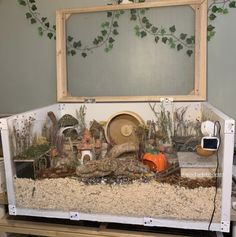 an indoor terrarium with plants and animals in it's display case on a table