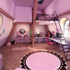 a room with a loft bed, desk and ladder in the ceiling is shown here