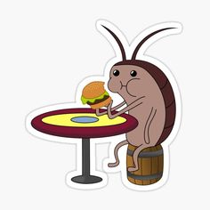 a bug sitting at a table with a burger in it's mouth, eating