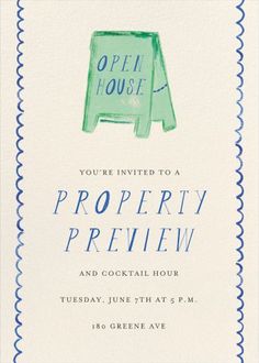 an open house party card with the words, property review and cocktail hour on it