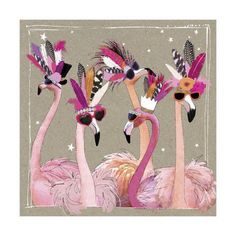 three pink flamingos are standing next to each other in front of a star filled sky