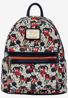 Backpack features an all over print of Disney's most recognizable Mouse pair, Mickey and Minnie Mouse, printed on front and back on a white background.Placement of all over print pattern will vary.Main compartment opens with a double zipper. Includes interior small zipper pocket.Front zipper pouch pocket and two side slot pockets.Interior lining is cream colored with Minnie bows. Zippers and zipper tabs are gold colored.Made of Faux Leather Shell material.Navy colored adjustable padded shoulder Loungefly Disney Backpack, Disney Backpack, Disney Purse, Minnie Bow, Backpack Handbag, Loungefly Bag, Mickey And Minnie Mouse, Disney Bag, Disney Shop