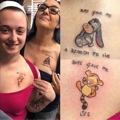 three different tattoos on the back of women's bodies, one with winnie the pooh