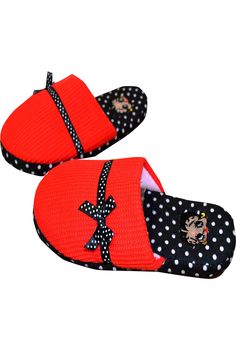 Slip into something a little more comfortable...Betty Boop slippers! These adorable slippers for women feature an embroidered Betty Boop face on the footbed of each slipper. Slipper bottom has rubber sole for safety. Small fits 5/6 shoe, Medium fits 7/8 shoe, Large fits 9/10 shoe. Xl fits 11 shoe. Betty Boop Face, One Piece Pjs, Slippers For Women, Shop For Women, Black Polka Dot, Lounge Pants, Betty Boop, Red And Black, Pajama Set