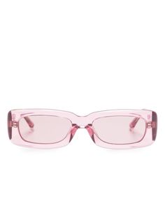 light pink acetate logo-embossed arm translucent design rectangle frame pink tinted lenses straight arms curved tips These glasses come with a protective case. Pink Rectangular Sunglasses With Gradient Lenses, Pink Rectangular Sunglasses With Uv Protection, Classic Pink Sunglasses With Mirrored Lenses, Pink Rectangular Polarized Sunglasses, Classic Pink Sunglasses With Uva Protection, Translucent Design, Frame Pink, The Attico, Rectangle Frame