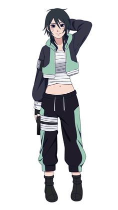 an anime character with black hair and green eyes, wearing striped shirt and sweatpants