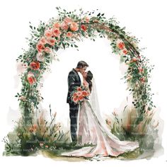 a watercolor painting of a bride and groom in front of an arch with flowers